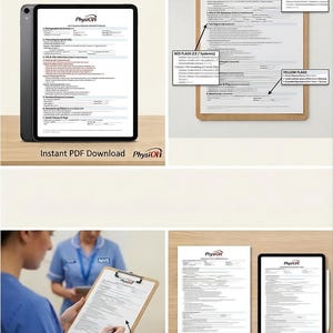 May include: A comprehensive subjective assessment template for MSK documentation, featuring a digital tablet display and a physical clipboard with printed forms. The documents include sections for red flags, yellow flags, and clinical reasoning.