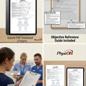 May include: A digital tablet and a clipboard displaying PhysioH clinical assessment documentation. The documents include anatomical diagrams, ligament stability tests, diagnostic tests, and academic references in a two-page PDF format.