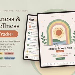 Utskrivbar fitnesstracker, träningslogg, vatten, sömn, vanespårare, hyperlänkade bra anteckningar i PDF-format