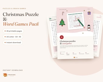 Christmas Puzzle and Word Games Pack, Printable Word Search, Crossword, Scramble, Mazes, Would You Rather, Family Activity Pages