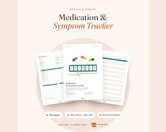 Printbare medicatie- en symptoomtracker, dagelijks medicatielogboek (zonder datum), herhaalreceptenplanner, voorbereiding op doktersbezoek