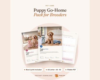 Printbaar en invulbaar puppy-startpakket voor fokkers, blauw en roze, gezondheidsdossier voor puppy's, voedingsschema, pakket voor nieuwe puppy's