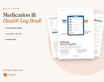 Medication Log Book Printable, Undated Health Journal, Blood Pressure Log, Blood Sugar Log, Symptom Diary, Fillable, 118 Pages