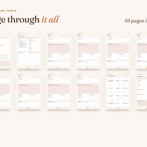 K&ouml;nnte beinhalten: Ein digitales Planer-Set mit 12 verschiedenen Seitenlayouts in zwei Reihen. Der Text lautet EVEN MORE PAGES, Page through it all und 49 pages in total. Jede Seite enth&auml;lt strukturierte Abschnitte, Kontrollk&auml;stchen und Linien in einer Farbpalette aus sanftem Beige und ged&auml;mpftem Rosa.