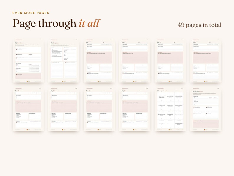 K&ouml;nnte beinhalten: Ein digitales Planer-Set mit 12 verschiedenen Seitenlayouts in zwei Reihen. Der Text lautet EVEN MORE PAGES, Page through it all und 49 pages in total. Jede Seite enth&auml;lt strukturierte Abschnitte, Kontrollk&auml;stchen und Linien in einer Farbpalette aus sanftem Beige und ged&auml;mpftem Rosa.