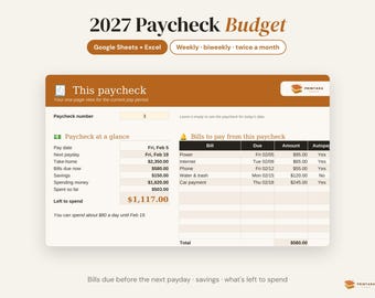 Foglio di calcolo per il budget basato sullo stipendio del 2027 per Google Sheets ed Excel, modello di budget bisettimanale, strumento di monitoraggio delle bollette in base allo stipendio.