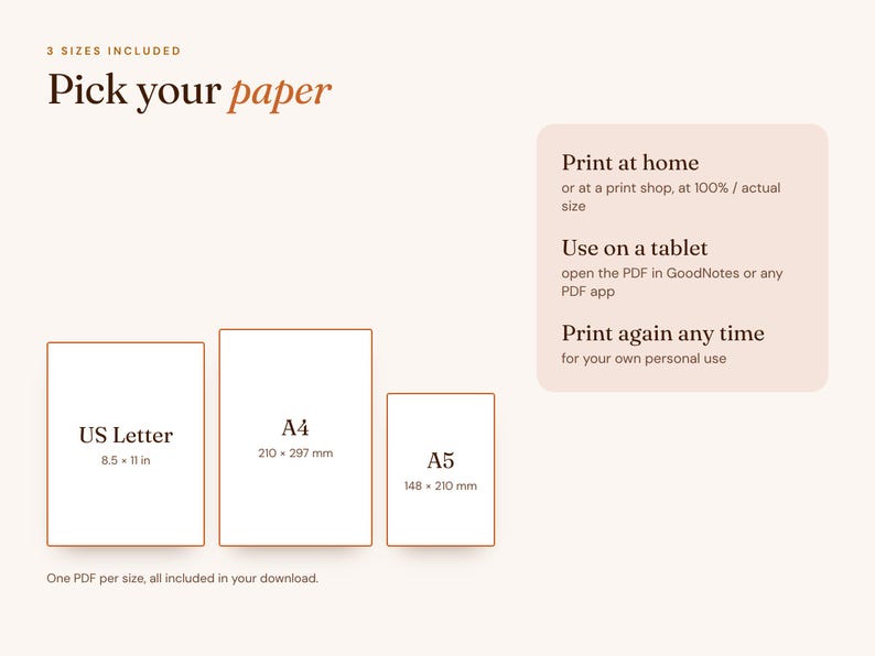 Peut inclure: Un guide num&eacute;rique intitul&eacute; Pick your paper avec 3 tailles incluses. Il affiche US Letter 8.5 x 11 in, A4 210 x 297 mm et A5 148 x 210 mm. Les instructions incluent Print at home, Use on a tablet et Print again any time.