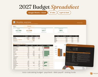 2027 Budget Spreadsheet for Google Sheets and Excel, Paycheck Budget, Debt Payoff Tracker, Sinking Funds, Monthly Budget Template