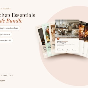 Könnte beinhalten: Ein digitales Bündel aus 8 Küchenratgebern mit insgesamt 97 Seiten, erhältlich in den Formaten US Letter, A4 und A5. Der Text lautet Kitchen Essentials Guide Bundle, 8 guides in one download, 97 pages in total, US Letter, A4, A5 und Instant Download.