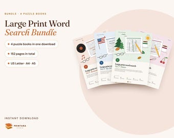 Large Print Word Search Bundle, 120 Puzzles for Adults and Seniors, 4 Volumes, Nostalgia, US States, Nature, Food, Answer Keys, Printable
