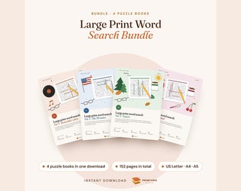 Large Print Word Search Bundle, 120 Puzzles for Adults and Seniors, 4 Volumes, Nostalgia, US States, Nature, Food, Answer Keys, Printable