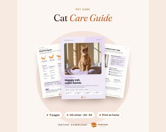 Cat Care Guide Printable, New Kitten Starter, Litter Training, Feeding Tips