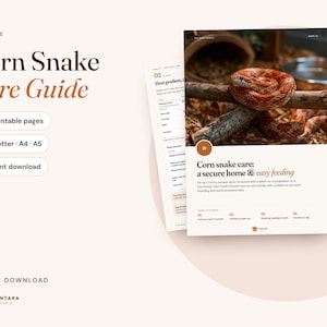 Könnte beinhalten: Ein digitaler Pflegeleitfaden für Kornnattern mit 13 druckbaren Seiten in den Formaten US Letter, A4 und A5. Das Deckblatt zeigt ein Foto einer Kornnatter auf einem Ast mit dem Text 'Corn snake care: a secure home & easy feeding'.