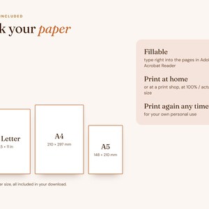 K&ouml;nnte beinhalten: Ein digitales Dokumenten-Handbuch mit dem Titel Pick your paper, das drei Gr&ouml;&szlig;en zeigt: US Letter 8.5 x 11 in, A4 210 x 297 mm und A5 148 x 210 mm. Es enth&auml;lt Anweisungen f&uuml;r ausf&uuml;llbare PDFs sowie zum Drucken zu Hause.