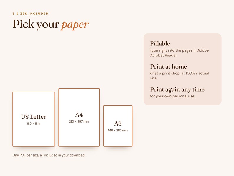 K&ouml;nnte beinhalten: Ein digitales Dokumenten-Handbuch mit dem Titel Pick your paper, das drei Gr&ouml;&szlig;en zeigt: US Letter 8.5 x 11 in, A4 210 x 297 mm und A5 148 x 210 mm. Es enth&auml;lt Anweisungen f&uuml;r ausf&uuml;llbare PDFs sowie zum Drucken zu Hause.