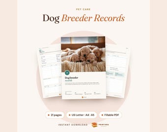Printbare en invulbare PDF met gegevens over hondenfokkers, geboortelogboek, gewichtsgrafiek voor puppy's, nestgegevens, tracker voor de loopsheid, fokkersformulieren