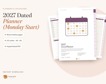 2027 Planner Printable Monday Start, Dated Weekly and Monthly Planner, Hyperlinked Digital Planner, US Holidays