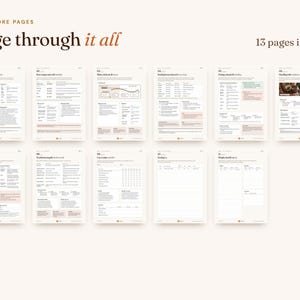 Peut inclure: Un ensemble de 13 pages de planificateur num&eacute;rique comprenant du texte, des tableaux et des listes de contr&ocirc;le. La mise en page inclut des en-t&ecirc;tes tels que 'Page through it all', '13 pages in total' et 'EVEN MORE PAGES'. Chaque page contient des sections structur&eacute;es.