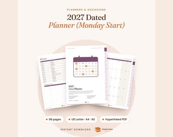 2027 Planner Printable Monday Start, Dated Weekly and Monthly Planner, Hyperlinked Digital Planner, US Holidays