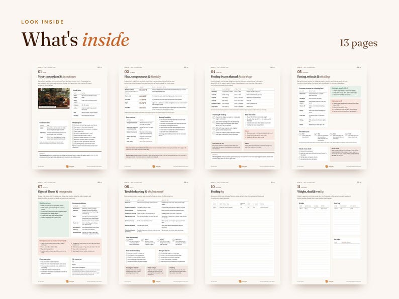 Peut inclure: Un guide num&eacute;rique de 13 pages sur les soins aux pythons, incluant des sections sur la chaleur, l'humidit&eacute;, l'alimentation, le je&ucirc;ne, la sant&eacute; et le d&eacute;pannage. Les pages contiennent des tableaux, des listes et des titres comme What's inside, Meet your python et Weight, shed & vet log.