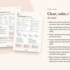 Peut inclure: Deux pages d'information blanches avec du texte noir et des accents rose clair. Les pages contiennent des tableaux et des listes sur les soins aux serpents, y compris l'alimentation, le d&eacute;pannage et les conseils de sant&eacute;.