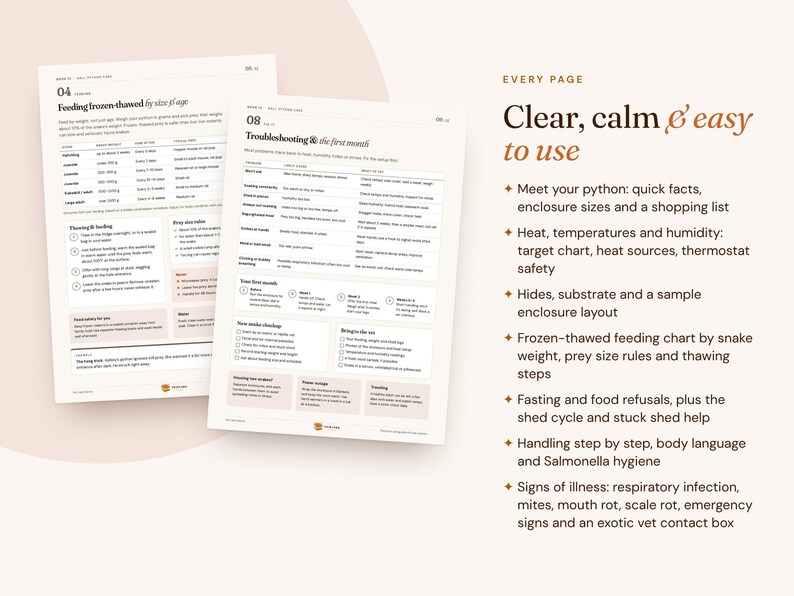 Peut inclure: Deux pages d'information blanches avec du texte noir et des accents rose clair. Les pages contiennent des tableaux et des listes sur les soins aux serpents, y compris l'alimentation, le d&eacute;pannage et les conseils de sant&eacute;.
