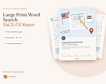 Large Print Word Search Vol 2, US States and Capitals, 30 Puzzles for Adults and Seniors, Easy to Hard, Answer Key, Printable