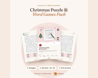 Christmas Puzzle and Word Games Pack, Printable Word Search, Crossword, Scramble, Mazes, Would You Rather, Family Activity Pages
