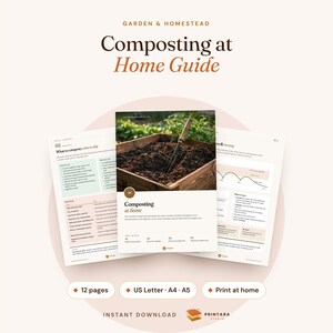 Composting at Home Guide, Greens & Browns Chart, Troubleshooting, Temperature Tracker (Printable)