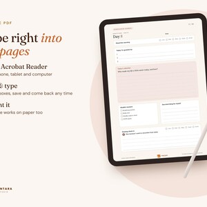 K&ouml;nnte beinhalten: Ein digitales Tablet zeigt eine ausf&uuml;llbare PDF-Seite f&uuml;r ein t&auml;gliches Dankbarkeitstagebuch mit dem Titel Day 8, inklusive Abschnitten f&uuml;r Morgenintentionen, Dankbarkeit, Reflexionen und Achtsamkeitsmomente, erg&auml;nzt durch einen wei&szlig;en Eingabestift.