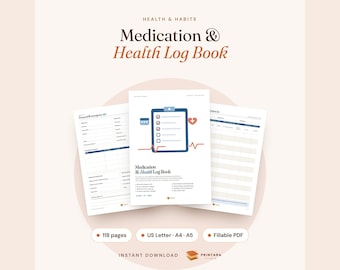 Printbaar medicatielogboek, ongedateerd gezondheidsdagboek, bloeddruklogboek, bloedsuikerlogboek, symptomendagboek, invulbaar, 118 pagina's