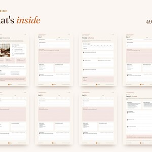 K&ouml;nnte beinhalten: Ein digitales Journal-Layout mit 49 Seiten auf hellbeigem Hintergrund mit zartrosa Akzenten. Die Seiten enthalten Abschnitte f&uuml;r t&auml;gliche Eintr&auml;ge, w&ouml;chentliche Reflexionen und Zielverfolgung mit &Uuml;berschriften wie How to use this journal.