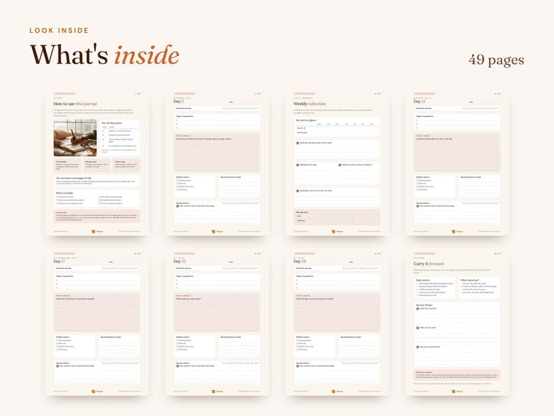 K&ouml;nnte beinhalten: Ein digitales Journal-Layout mit 49 Seiten auf hellbeigem Hintergrund mit zartrosa Akzenten. Die Seiten enthalten Abschnitte f&uuml;r t&auml;gliche Eintr&auml;ge, w&ouml;chentliche Reflexionen und Zielverfolgung mit &Uuml;berschriften wie How to use this journal.