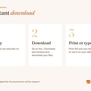 K&ouml;nnte beinhalten: Eine Anleitungsgrafik mit dem Titel How it works Instant download. Sie enth&auml;lt drei nummerierte Schritte: 1 Buy, check out securely on Etsy; 2 Download, go to You Purchases and reviews and download your files; 3 Print or type, print the size you need.