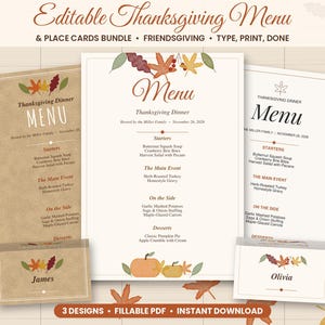 Bewerkbaar Thanksgiving-menu en naamkaartjespakket, menusjabloon voor Friendsgiving, invulbaar PDF-bestand, welkomstbord, printbaar inschrijfformulier voor potluck