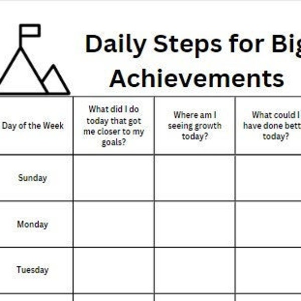 Daily Steps for Big Achievements - Questions for Daily Growth and Focus Printout