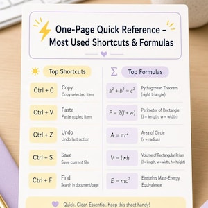 May include: A white rectangular reference sheet titled One-Page Quick Reference - Most Used Shortcuts & Formulas. It features two columns: Top Shortcuts with Ctrl commands and Top Formulas with mathematical equations like a squared plus b squared equals c squared.