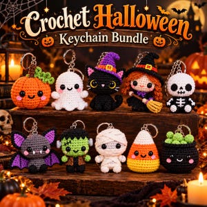 May include: A Crochet Halloween Keychain Bundle featuring nine amigurumi figures: a pumpkin, ghost, black cat, witch, skeleton, bat, Frankenstein monster, mummy, candy corn, and a cauldron. Each includes a metal keyring attachment.