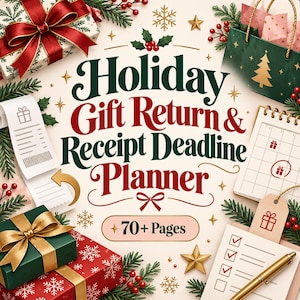 May include: A Holiday Gift Return & Receipt Deadline Planner with 70+ pages, featuring festive illustrations of wrapped gifts, a shopping bag, a calendar, a checklist, and a pen, all decorated with pine branches, red berries, and gold stars.