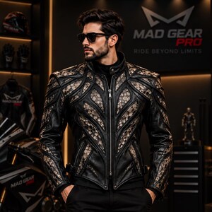 Men's Black Python Embossed Leather Jacket, Geometric Biker Style with High Collar