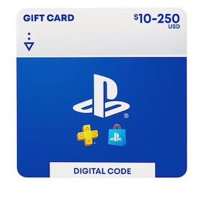 May include: A rectangular PlayStation gift card with a white top section and a blue bottom section. It features the white PlayStation logo, a yellow plus sign icon, a blue shopping bag icon, and the text GIFT CARD, $10-250 USD, and DIGITAL CODE.