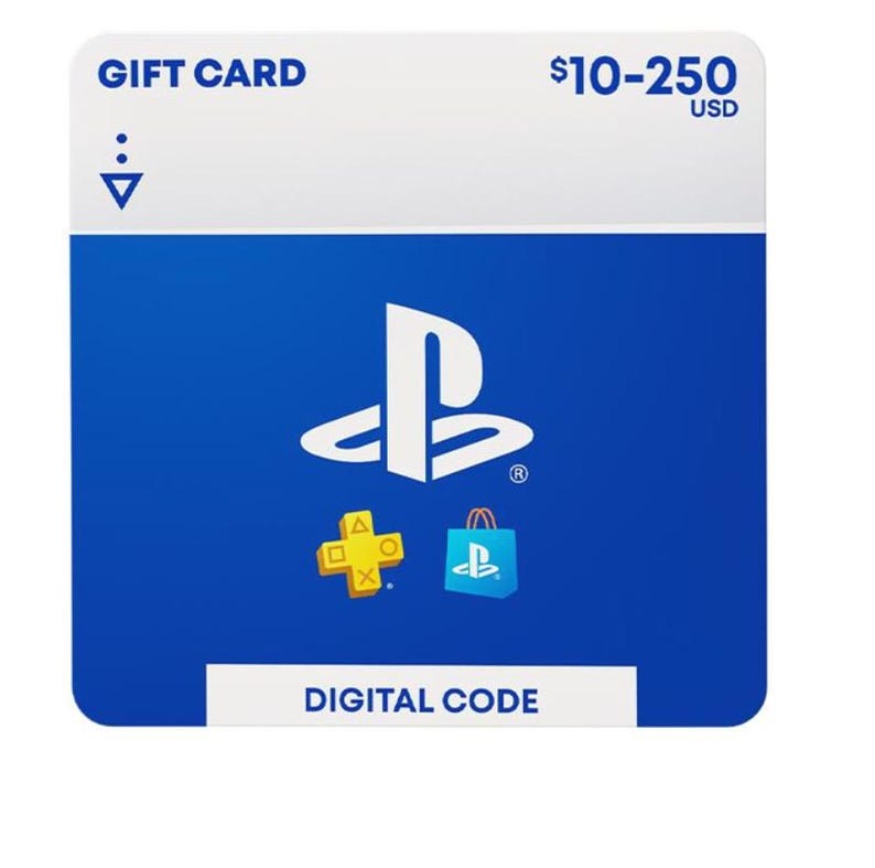 Puede incluir: Una tarjeta de regalo PlayStation rectangular con una secci&oacute;n superior blanca y una inferior azul. Incluye el logotipo blanco de PlayStation, un icono de signo m&aacute;s amarillo, una bolsa de compras azul y el texto GIFT CARD, $10-250 USD y DIGITAL CODE.