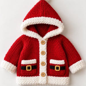 Könnte beinhalten: Eine rote Strickjacke mit Kapuze, weißem Rand, einem weißen Bommel an der Kapuze und vier Holzknöpfen. Zwei Vordertaschen sind mit einem schwarzen horizontalen Streifen und einem gelben quadratischen Schnallendetail versehen.