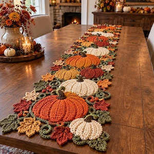 Häkelanleitung für einen Kürbis-Tischläufer, Herbstliche Häkeldeko für Thanksgiving, PDF