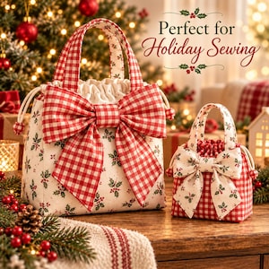 May include: Two fabric drawstring bags with handles, featuring a white background with a red and green holly berry pattern and red and white gingham accents. Each bag is adorned with a large gingham bow. The text reads Perfect for Holiday Sewing.