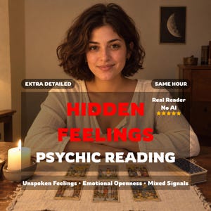 May include: A person wearing a white long-sleeved shirt sits behind a table with tarot cards and a lit candle. Text overlays read: EXTRA DETAILED, SAME HOUR, Real Reader No AI, HIDDEN FEELINGS PSYCHIC READING, Unspoken Feelings, Emotional Openness, Mixed Signals.
