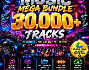 May include: A digital music bundle advertisement featuring the text THE ULTIMATE MUSIC MEGA BUNDLE 30,000+ TRACKS. The graphic includes images of headphones, a DJ mixer, and a Google Drive icon with the text INSTANT DOWNLOAD.