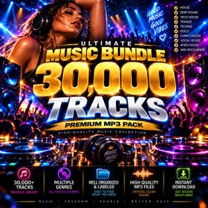 Może przedstawiać: Reklama cyfrowego pakietu muzycznego z tekstem Ultimate Music Bundle 30,000 Tracks Premium MP3 Pack. Grafika przedstawia konsolę DJ-ską, słuchawki i tłum na koncercie z listą gatunków, takich jak House i Techno.