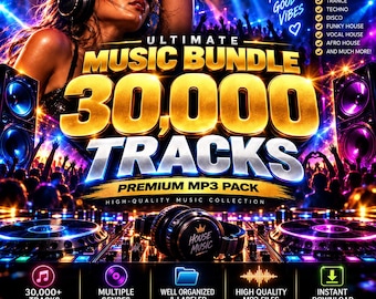 May include: A digital music bundle advertisement featuring the text Ultimate Music Bundle 30,000 Tracks Premium MP3 Pack. The graphic displays a DJ console, headphones, and a crowd at a concert with a list of genres including House and Techno.