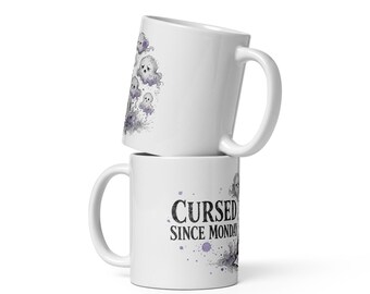 Cursed Since Monday Mug, Funny Office Coffee Mug, Tired Worker Ink Art Anime Fan Gift, Cute Ghosts Secret Santa Mug
